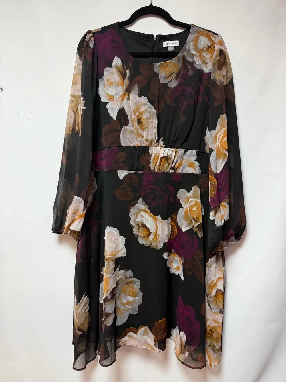 Calvin Klein Women’s Size 14 Floral Chiffon Long Sleeve Fit & Flare Dress